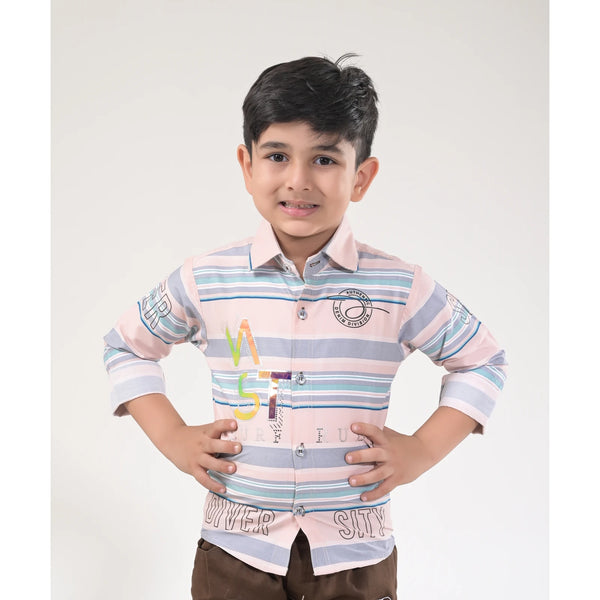 Boys Striped Casual Shirt with Dark Pants and Sport Sneakers – 3 Color Variants
