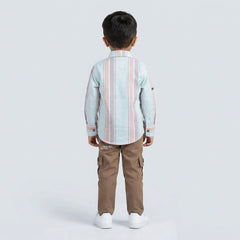 Boys Pink Stripe Casual Shirt with Sage Cargo Pants and White Sneakers