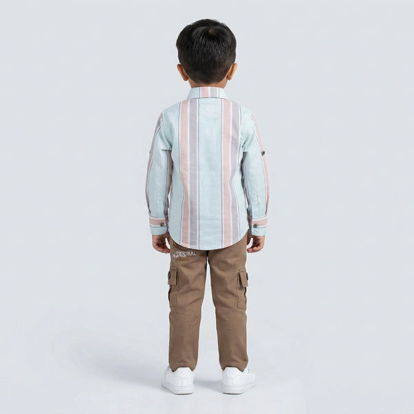 Boys Pink Stripe Casual Shirt with Sage Cargo Pants and White Sneakers
