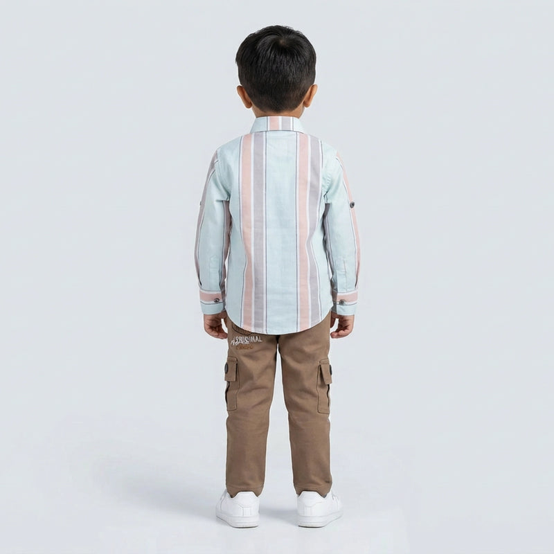 Boys Pink Stripe Casual Shirt with Sage Cargo Pants and White Sneakers