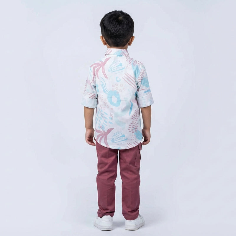 Boys Abstract Print Casual Shirt with Cargo Pants and White Sneakers – 2 Color Variants