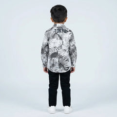 Boys Printed Casual Shirt with Graphic T-Shirt, Black Pants and White Sneakers