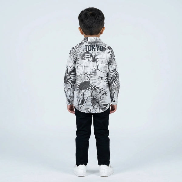 Boys Printed Casual Shirt with Graphic T-Shirt, Black Pants and White Sneakers