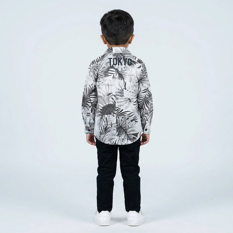 Boys Printed Casual Shirt with Graphic T-Shirt, Black Pants and White Sneakers