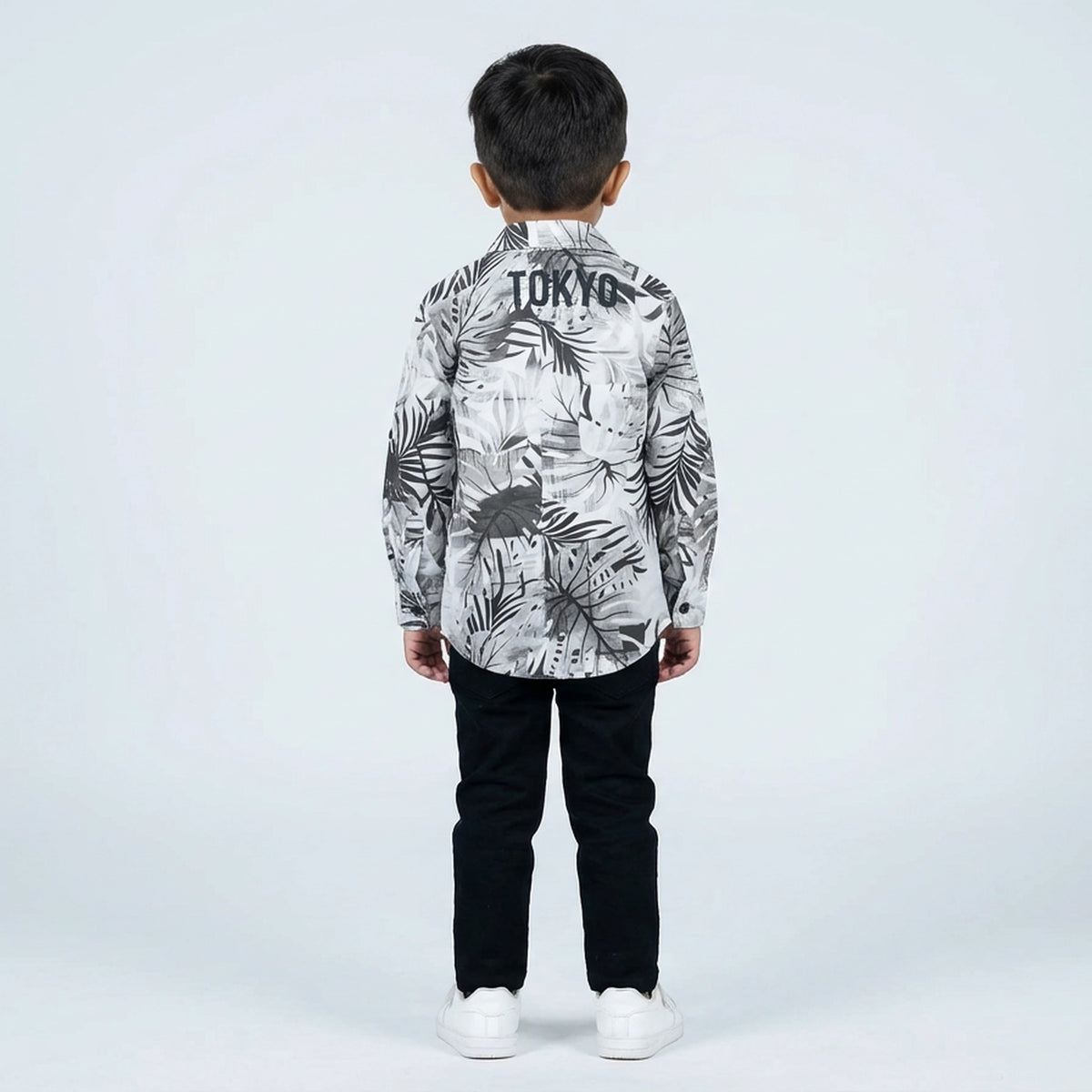 Boys Printed Casual Shirt with Graphic T-Shirt, Black Pants and White Sneakers - image 3