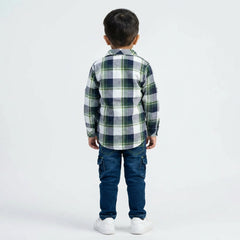 Boys Brown Checked Casual Shirt with White T-Shirt, Blue Cargo Jeans and White Sneakers