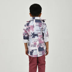 Boys Abstract Printed Shirt with White Graphic T-Shirt, Maroon Pants and Black White Sneakers