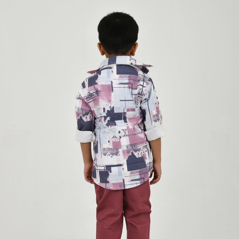 Boys Abstract Printed Shirt with White Graphic T-Shirt, Maroon Pants and Black White Sneakers