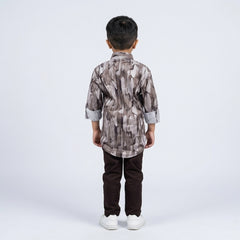 Boys Grey Camouflage Print Shirt with Dark Pants and White Sneakers