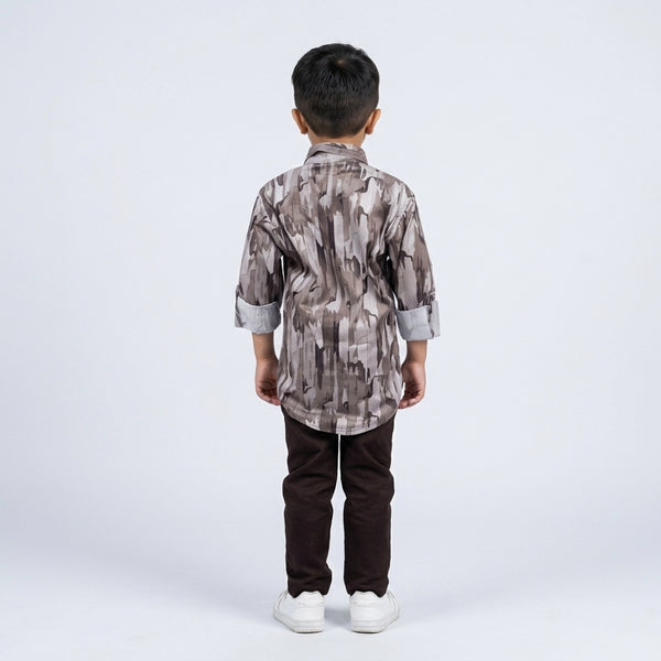 Boys Grey Camouflage Print Shirt with Dark Pants and White Sneakers
