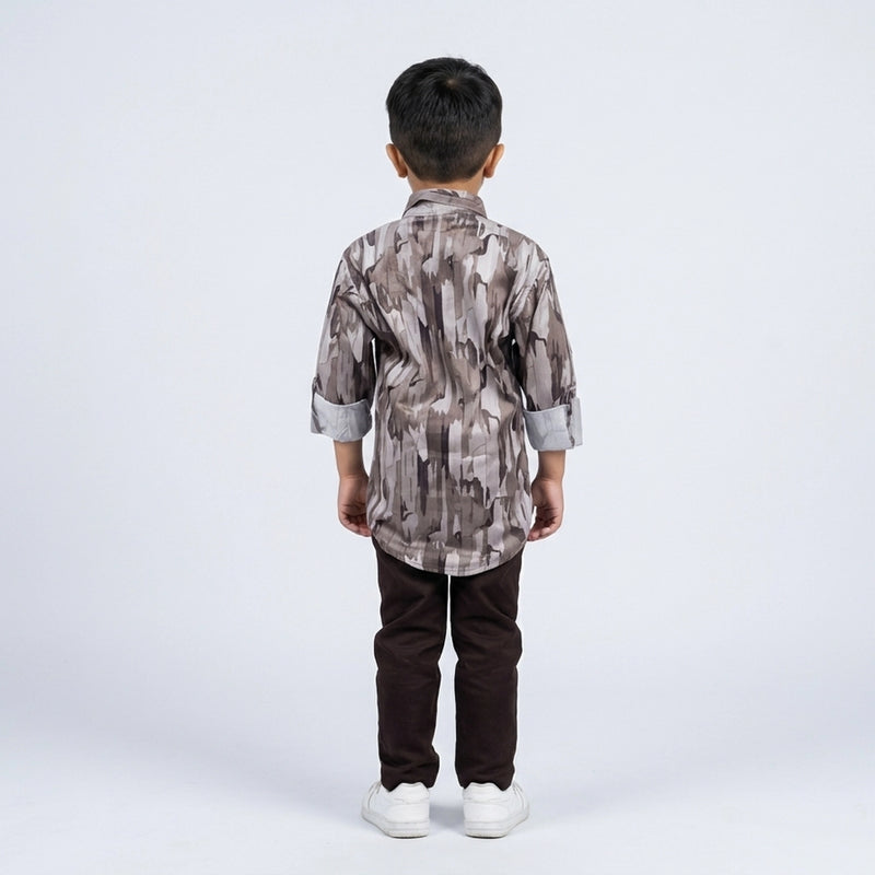 Boys Grey Camouflage Print Shirt with Dark Pants and White Sneakers