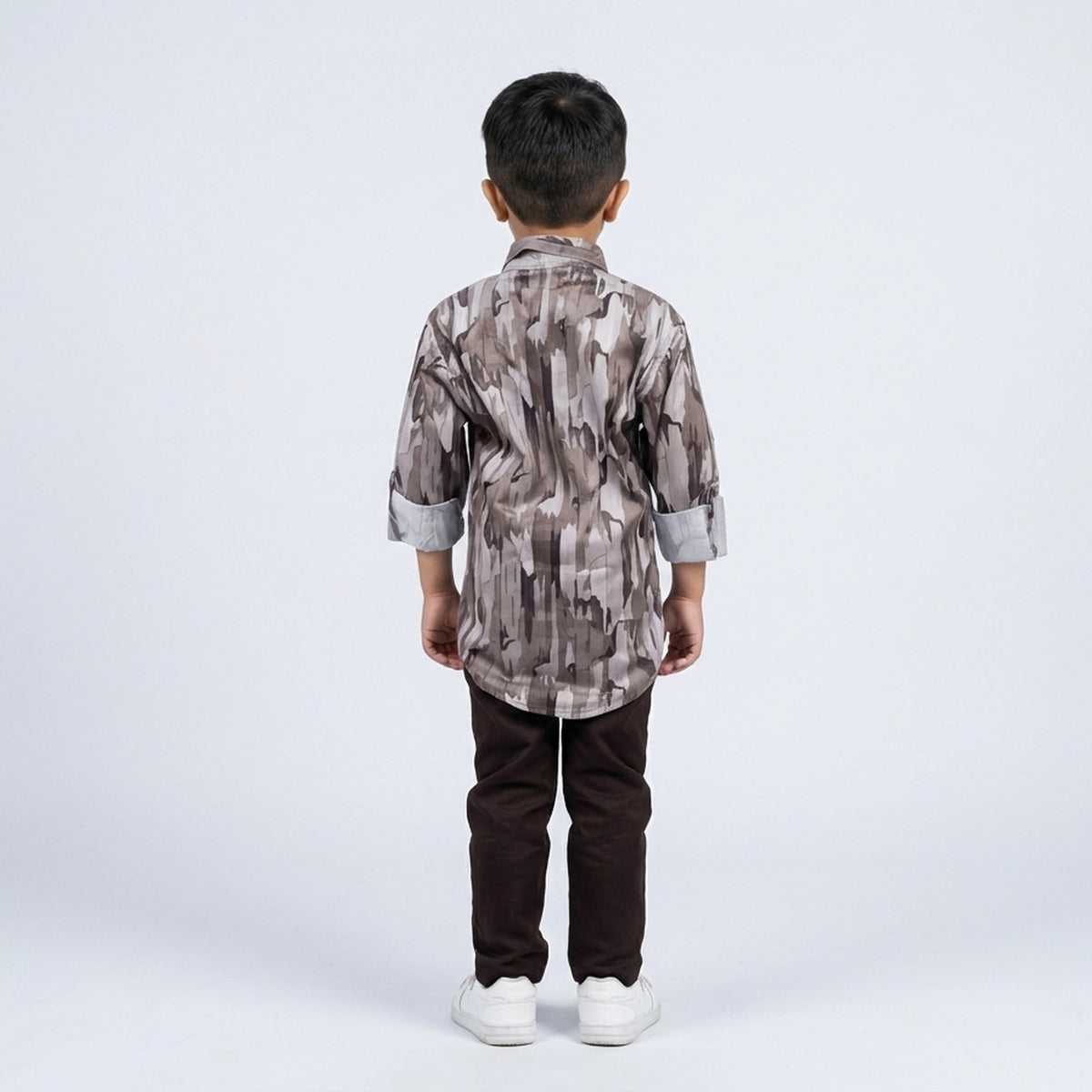 Boys Grey Camouflage Print Shirt with Dark Pants and White Sneakers - image 3