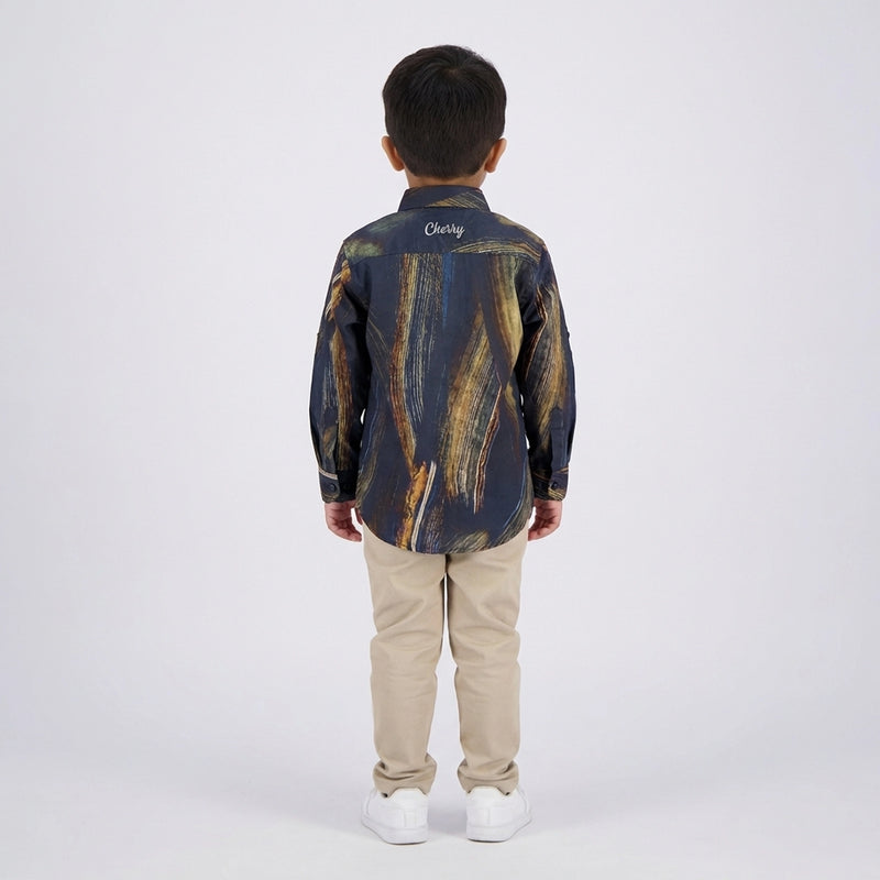 Boys Navy Abstract Printed Shirt with Beige Pants and White Sneakers