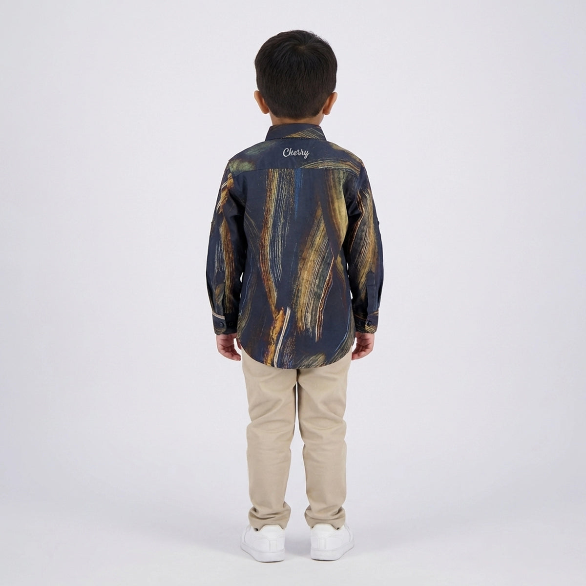 Boys Navy Abstract Printed Shirt with Beige Pants and White Sneakers - image 3