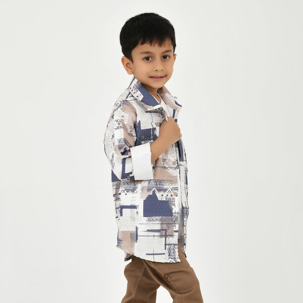 Boys Abstract Printed Shirt with White Graphic T-Shirt, Brown Pants and Black White Sneakers