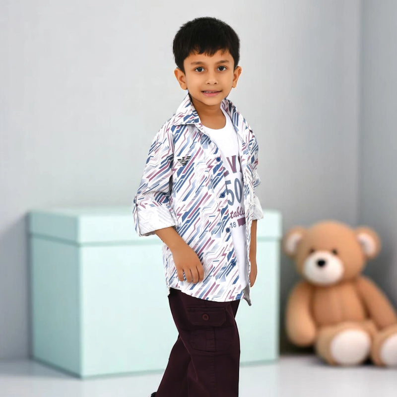 Boys Printed Casual Shirt with Graphic T-Shirt, Cargo Pants.