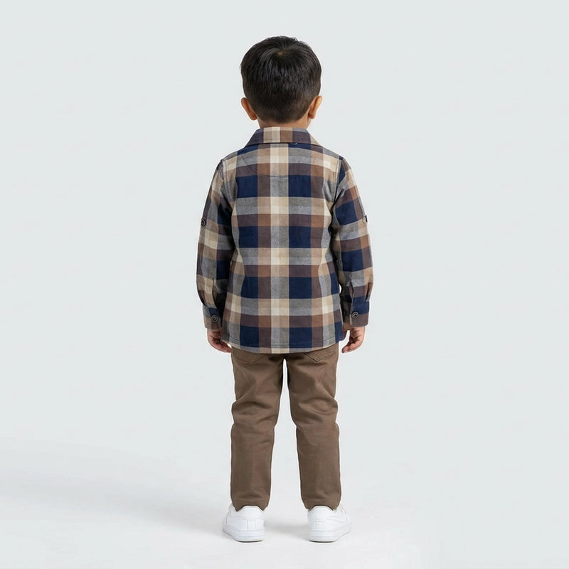 Boys Checked Casual Shirt with White Graphic T-Shirt, Pants and White Sneakers