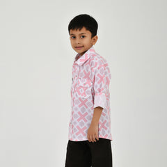 Boys Geometric Print Casual Shirt with Dark Pants and White Sneakers