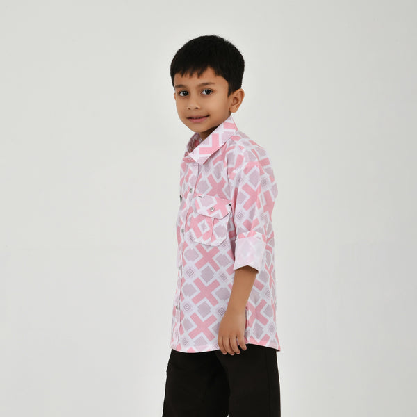Boys Geometric Print Casual Shirt with Dark Pants and White Sneakers