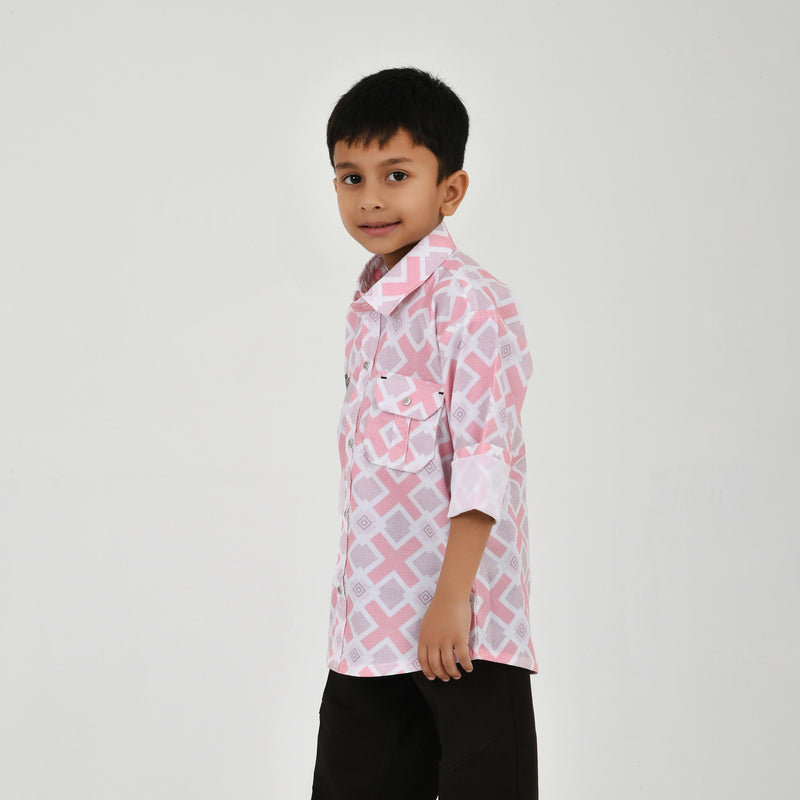 Boys Geometric Print Casual Shirt with Dark Pants and White Sneakers