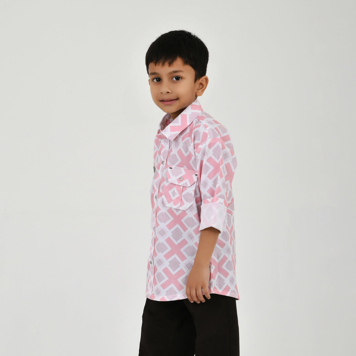Boys Geometric Print Casual Shirt with Dark Pants and White Sneakers - image 5