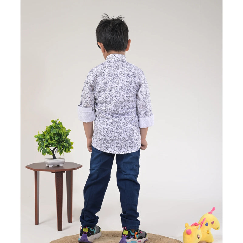 Boys White Abstract Print Shirt with Blue Jeans and Sport Sneakers
