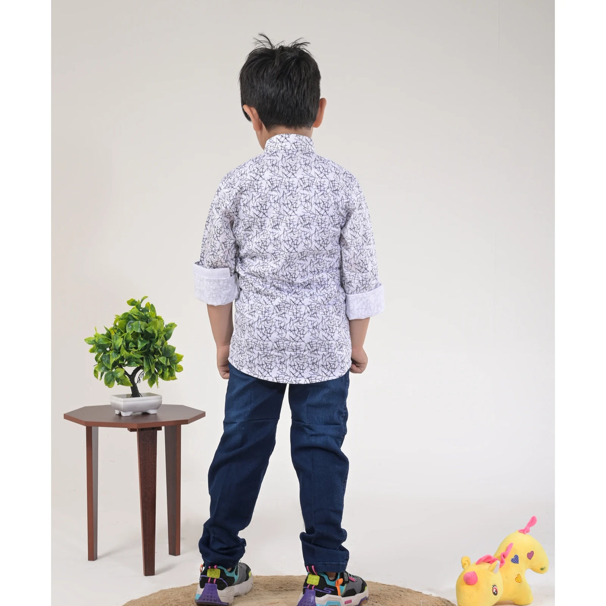 Boys White Abstract Print Shirt with Blue Jeans and Sport Sneakers - image 4