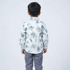 Boys Printed Full Sleeve Shirt with Grey Cargo Pants and White Sneakers Set