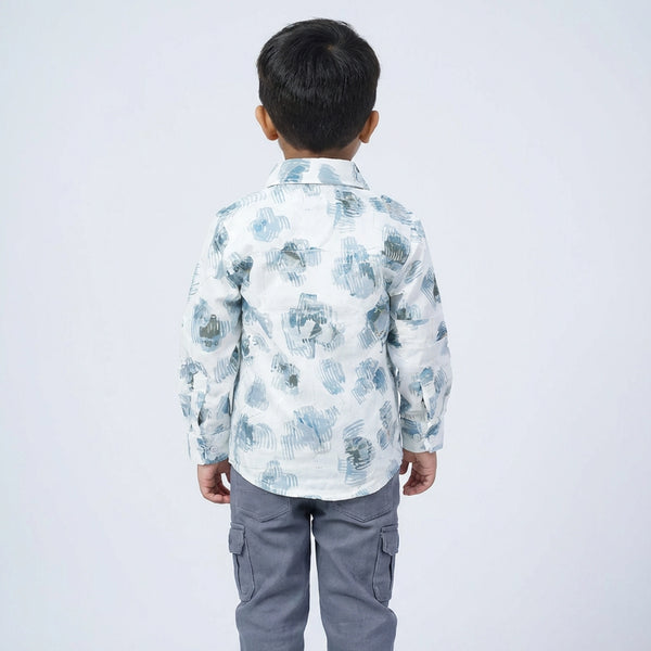 Boys Printed Full Sleeve Shirt with Grey Cargo Pants and White Sneakers Set