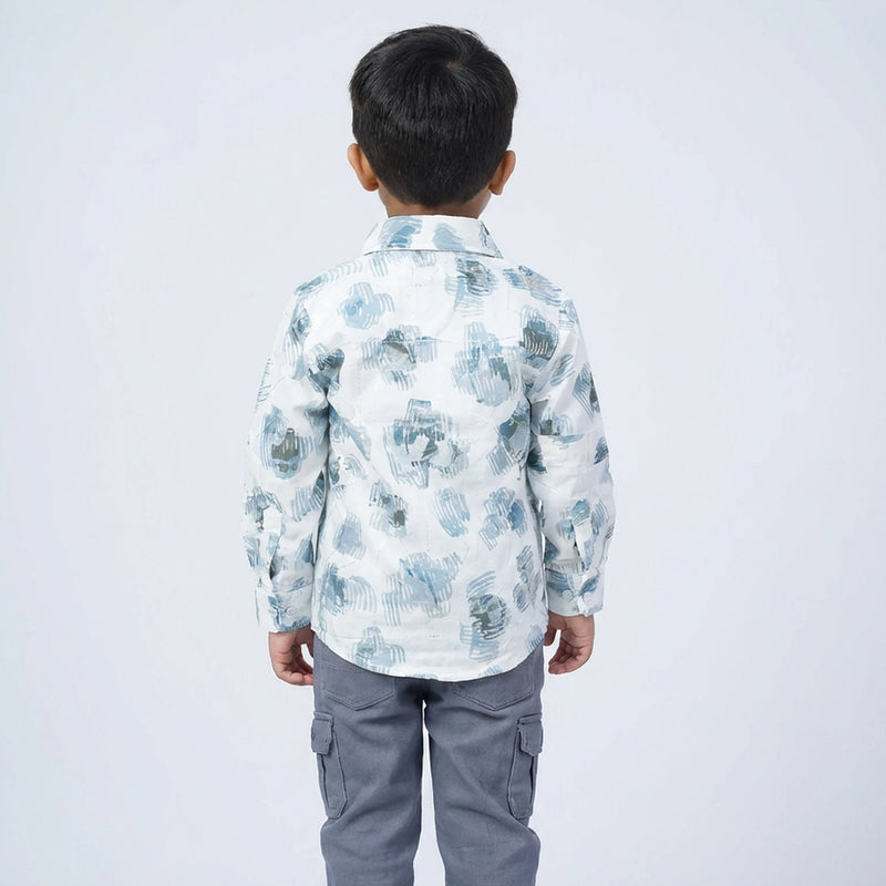 Boys Printed Full Sleeve Shirt with Grey Cargo Pants and White Sneakers Set