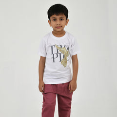 Boys Abstract Printed Shirt with White Graphic T-Shirt, Maroon Pants and Black White Sneakers