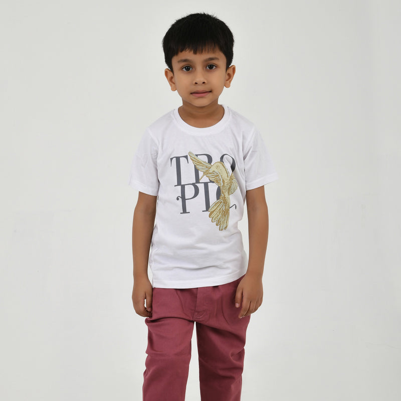 Boys Abstract Printed Shirt with White Graphic T-Shirt, Maroon Pants and Black White Sneakers