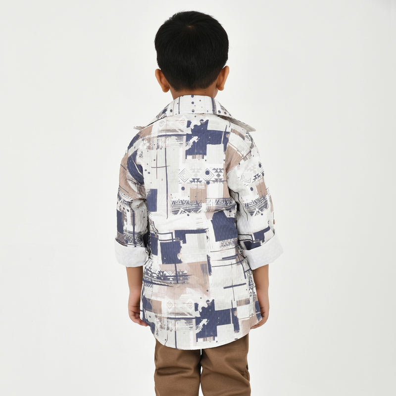 Boys Abstract Printed Shirt with White Graphic T-Shirt, Brown Pants and Black White Sneakers