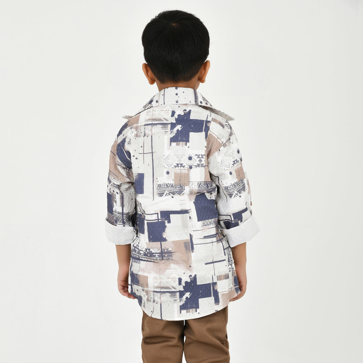 Boys Abstract Printed Shirt with White Graphic T-Shirt, Brown Pants and Black White Sneakers - image 2