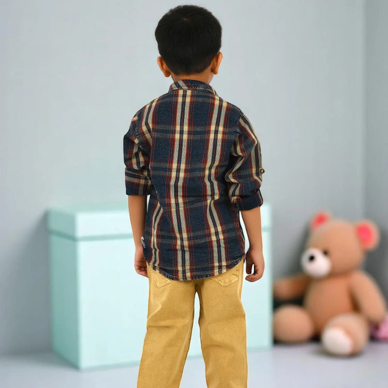 Boys Checked Casual Shirt with White Graphic T-Shirt, Mustard Pants and Black White Sneakers