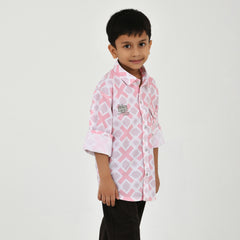 Boys Geometric Print Casual Shirt with Dark Pants and White Sneakers