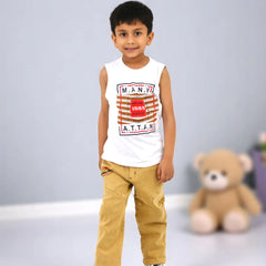 Boys Checked Casual Shirt with White Graphic T-Shirt, Mustard Pants and Black White Sneakers
