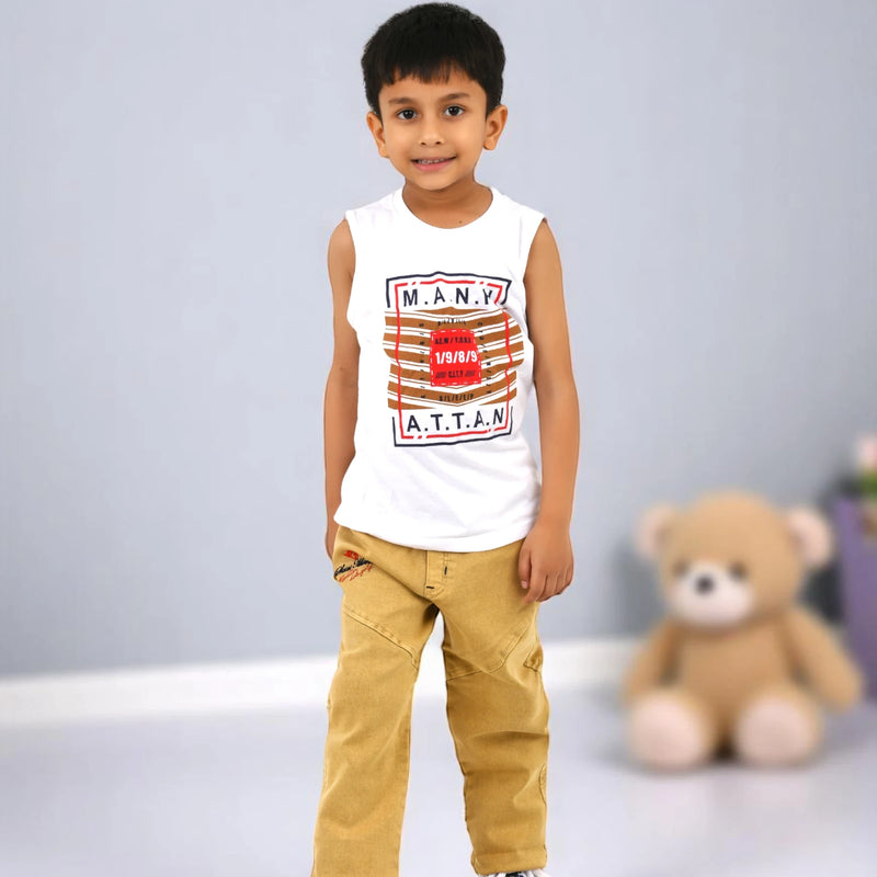 Boys Checked Casual Shirt with White Graphic T-Shirt, Mustard Pants and Black White Sneakers