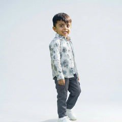 Boys Printed Full Sleeve Shirt with Grey Cargo Pants and White Sneakers Set