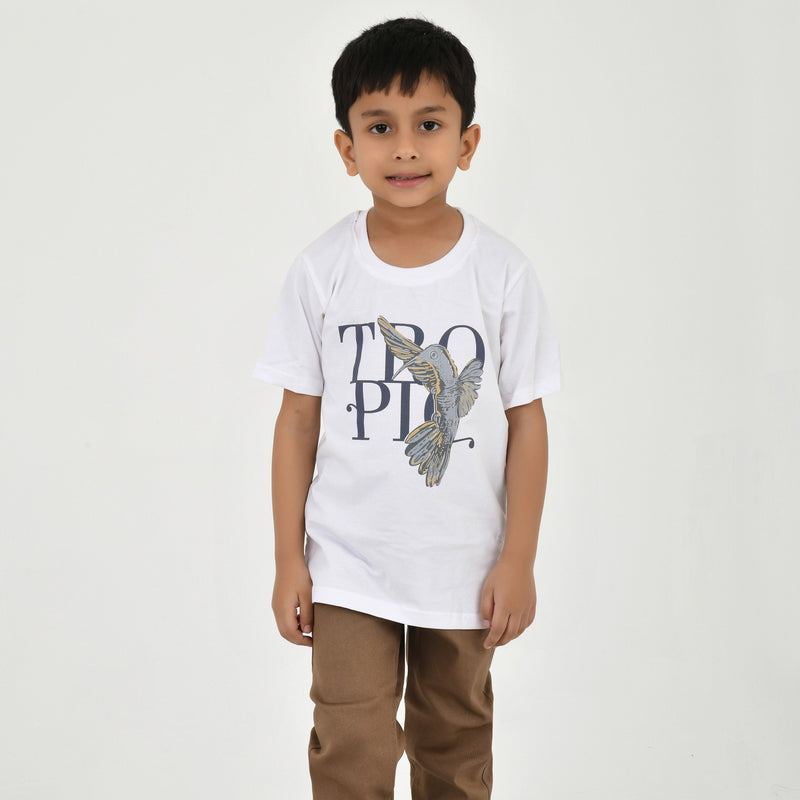 Boys Abstract Printed Shirt with White Graphic T-Shirt, Brown Pants and Black White Sneakers