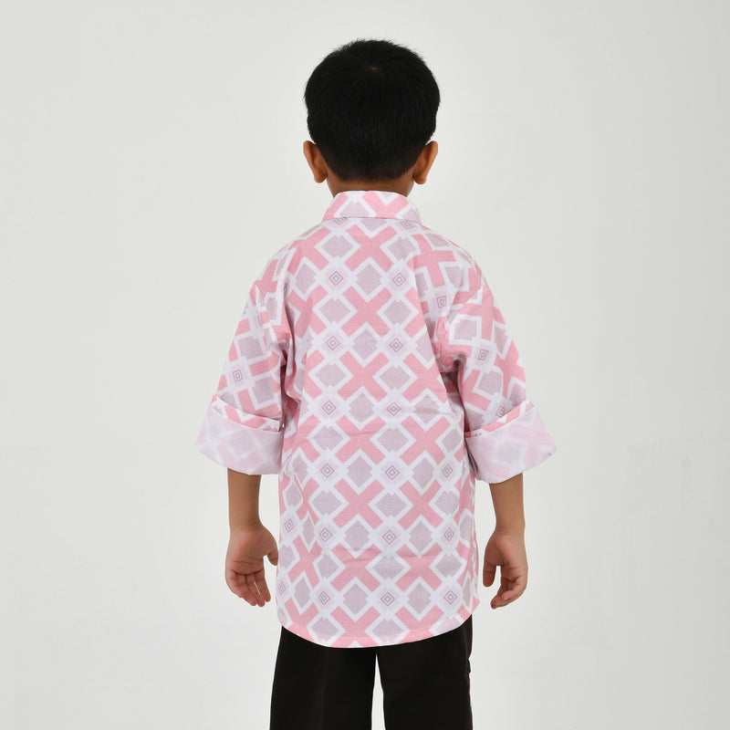 Boys Geometric Print Casual Shirt with Dark Pants and White Sneakers