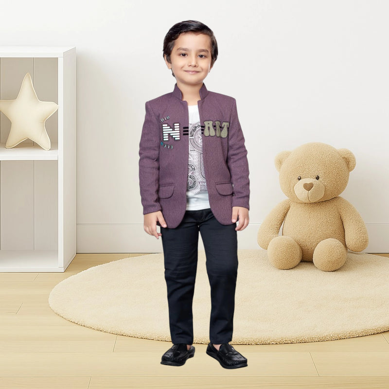 Boys Stylish Purple Blazer with T-Shirt & Pants – Kids Party Outfit