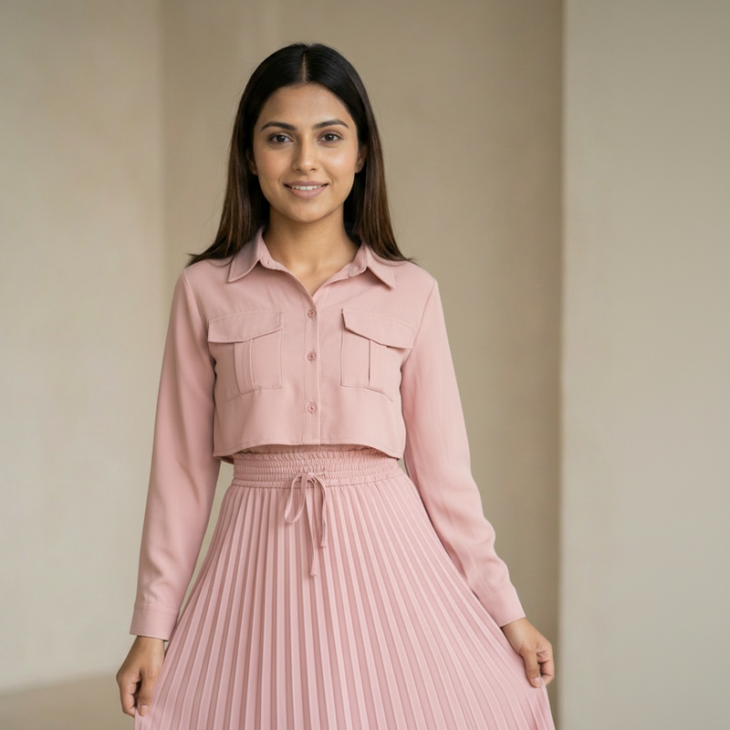 Women’s Pleated Maxi Dress with Crop Shirt Top – Elegant Long Sleeve Dress