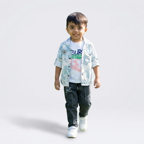 Boys Printed Shirt with Graphic T-Shirt & Casual Pants – Trendy Kids 3-Piece Outfit Set KD-MV-B-SET-10032