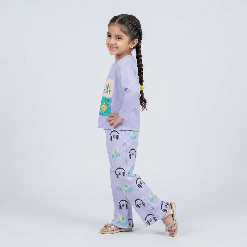 Girls Graphic Co-Ord Set – Cute Printed Sweatshirt & Flared Pants Outfit for Kids