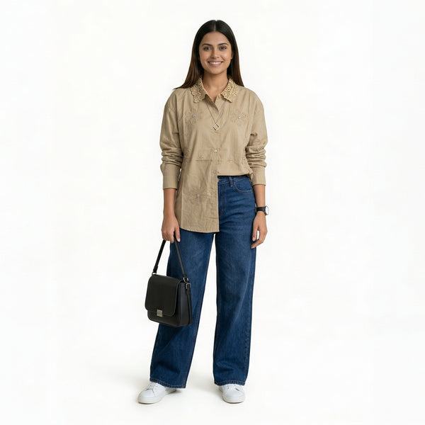 Women’s Floral Embroidered Shirt – Cotton Button-Down Top | Black, Beige, White, Pink & SKY Blue Smart Casual Shirt