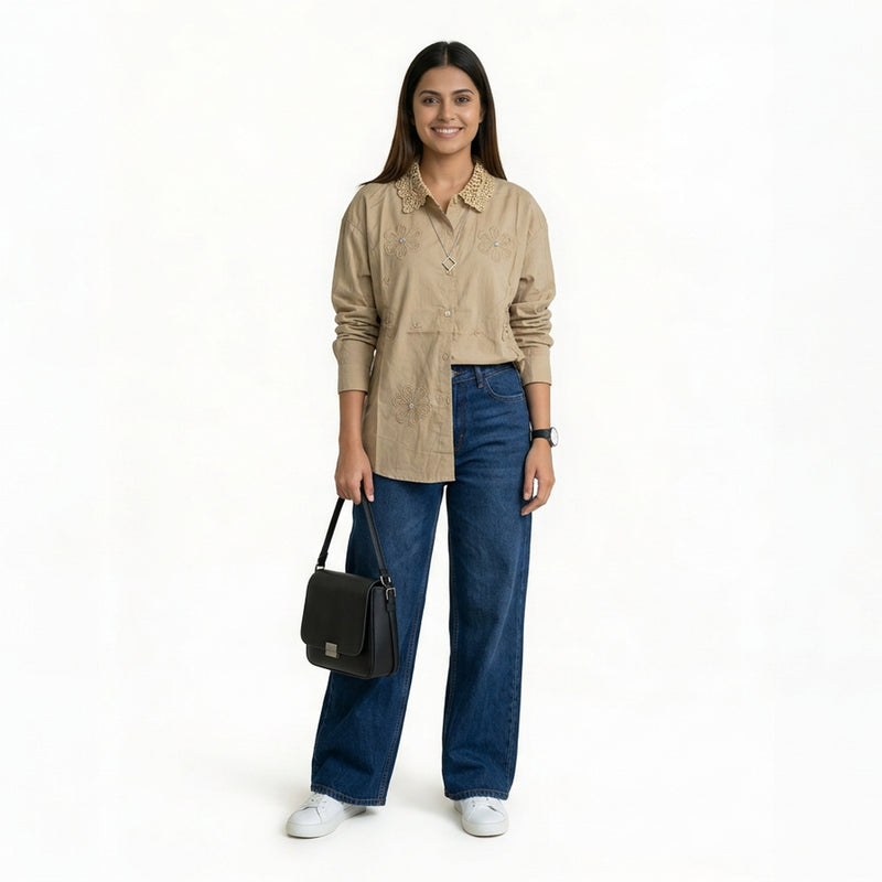 Women’s Floral Embroidered Shirt – Cotton Button-Down Top | Black, Beige, White, Pink & SKY Blue Smart Casual Shirt
