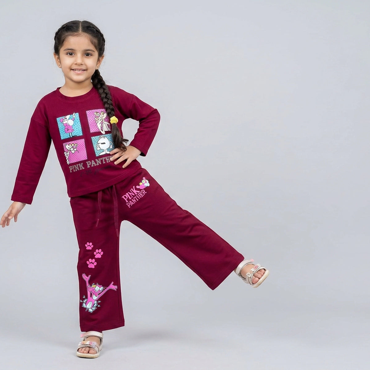 Girls Panther Co-Ord Set – Maroon Cartoon Printed Sweatshirt & Wide Leg Pants for Kids - image 6
