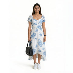 Floral Midi Dress with Puff Sleeves & Sweetheart Neckline – Elegant Summer A-Line Dress for Women