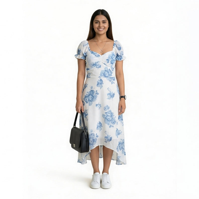 Floral Midi Dress with Puff Sleeves & Sweetheart Neckline – Elegant Summer A-Line Dress for Women